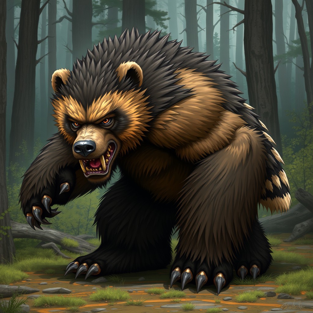 A hybrid creature combining features of a grizzly bear and a honey badger, showcasing a muscular build with the sturdy frame of a grizzly mixed with the agile, fierce characteristics of a honey badger