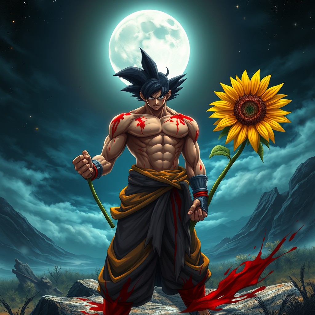 A powerful, dynamic scene featuring a heroic figure inspired by the concept of Song Goku, with a fierce and determined expression