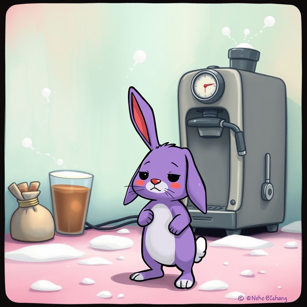 A whimsical scene featuring a purple rabbit named Anano, attempting to stand tall yet exhibiting floppy ears drooping in a cold, confusing environment