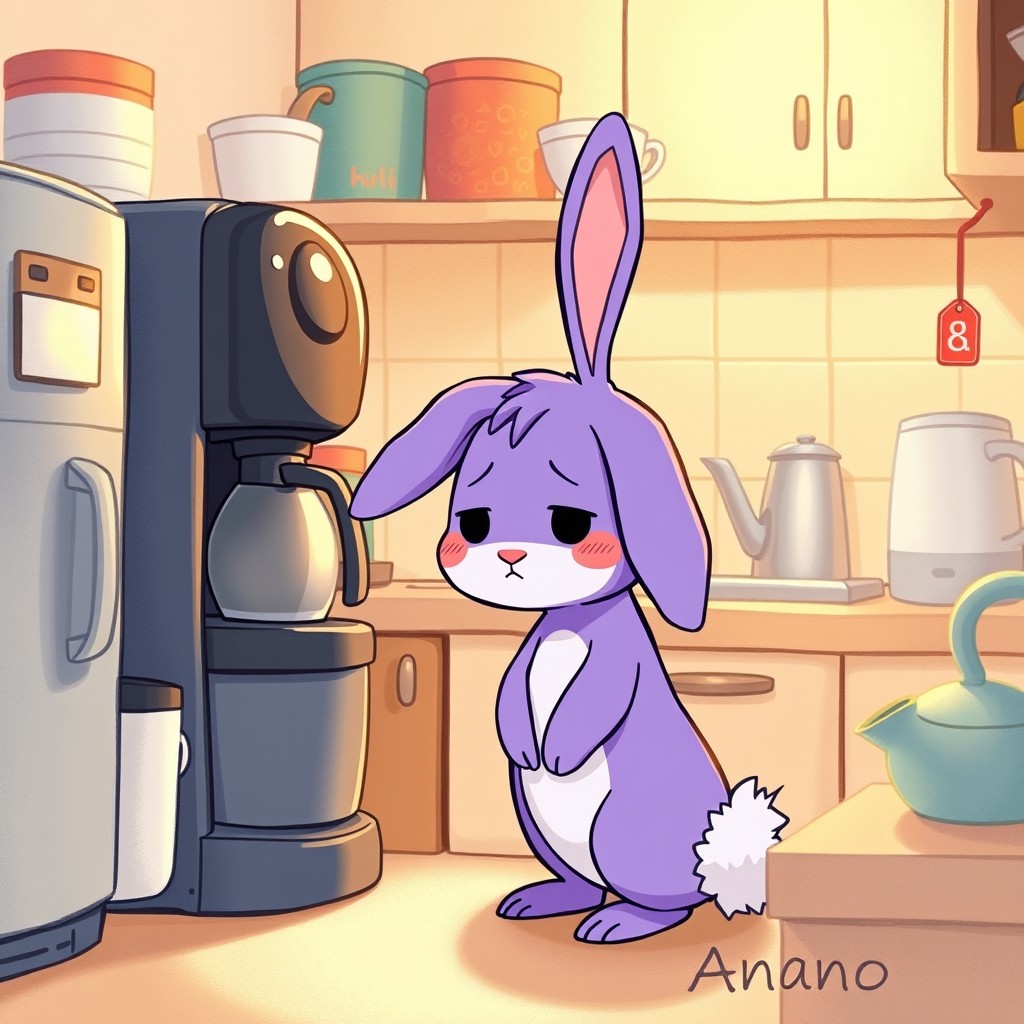 A whimsical purple rabbit named Anano, depicted with floppy ears and an uncertain expression, standing in a cozy kitchen filled with various appliances