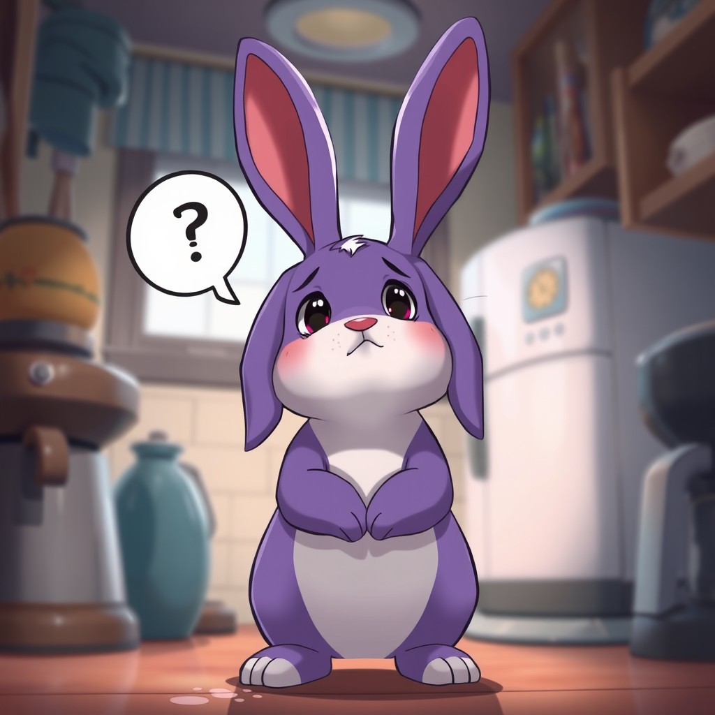 A purple rabbit named Anano with droopy floppy ears, standing in a cozy kitchen environment