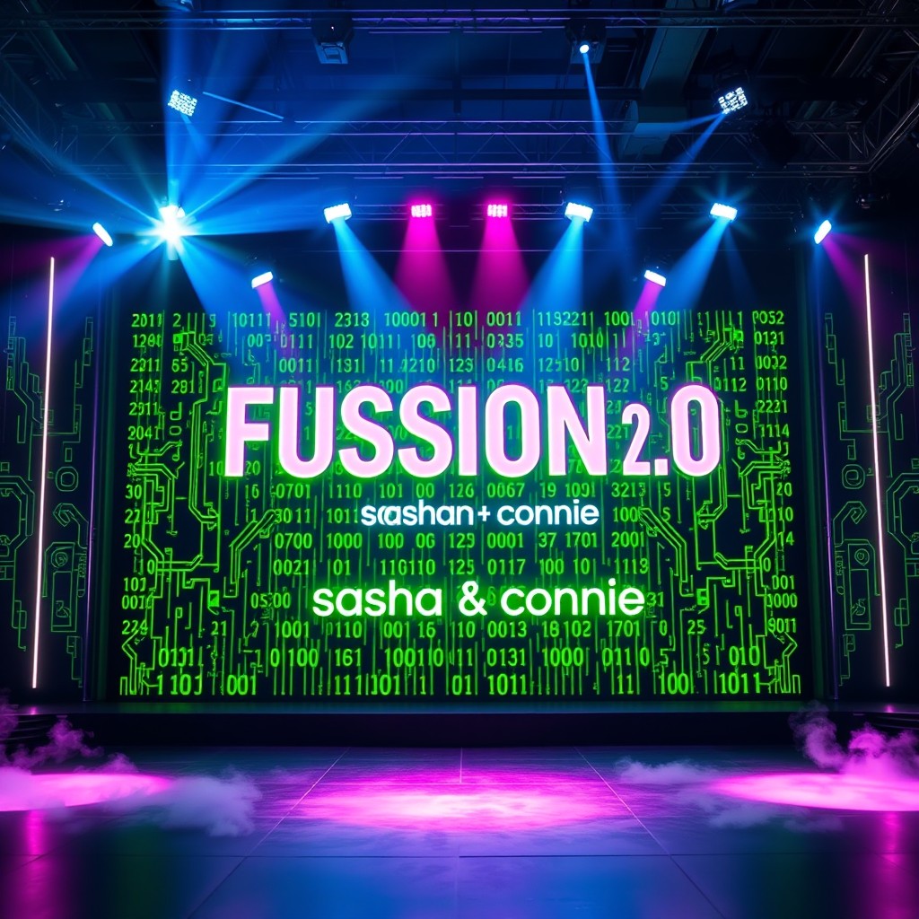 A modern, expansive theatre stage featuring prominent text at the top reading "FUSSION 2