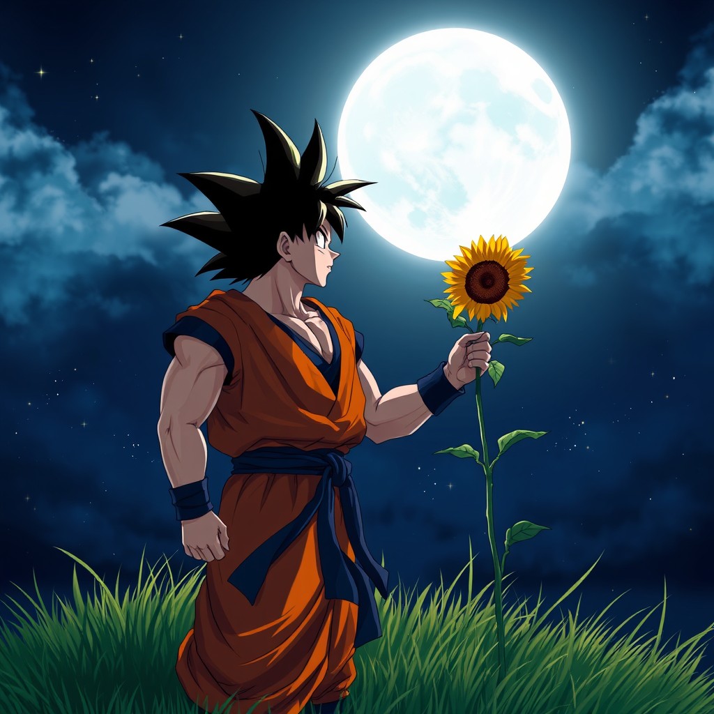 A dramatic scene featuring Song Goku, a muscular and heroic character with spiky black hair, standing on a grassy hill under a bright full moon