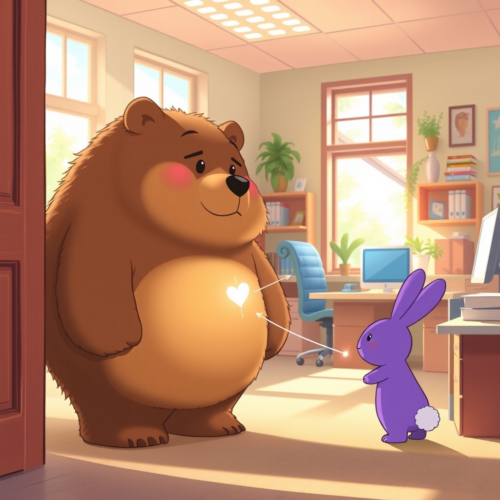A large, fluffy bear named Ga entering a bright and cheerful office space