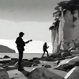 Using grattage technique, portray a standing boy, guitar in hand, gazing at a side-facing girl on a rocky cliff during sunset. The image slowly transitions from color to black and white.