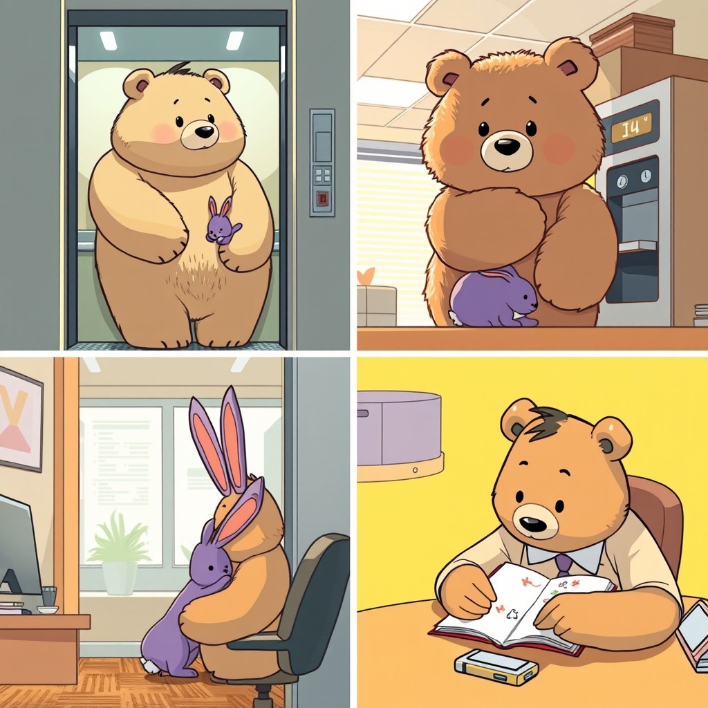 A scene capturing Ga, the large fluffy bear, in various locations within a lively office environment