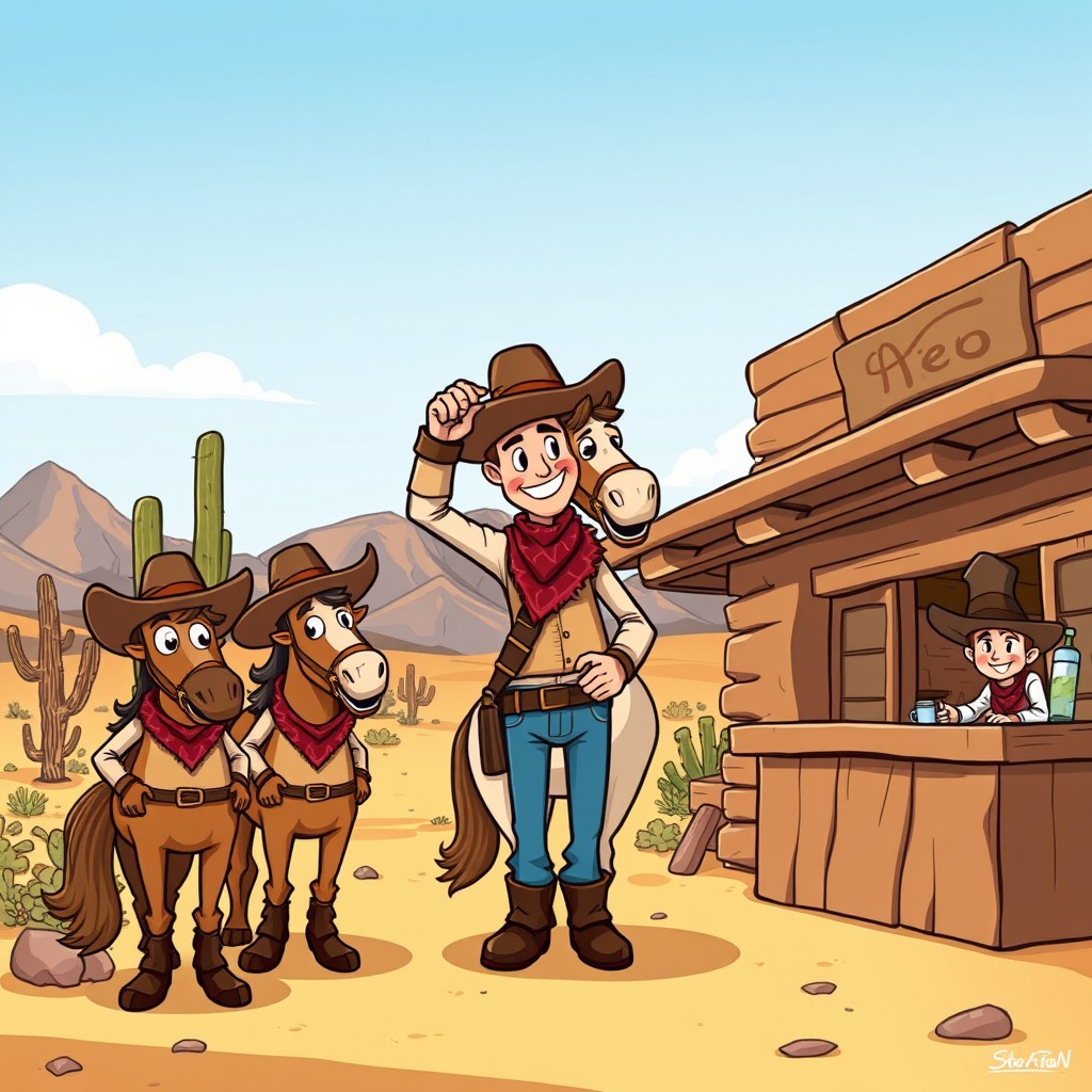 A cartoon-style illustration depicting a classic Old West scene featuring cowboys, horses, and a saloon