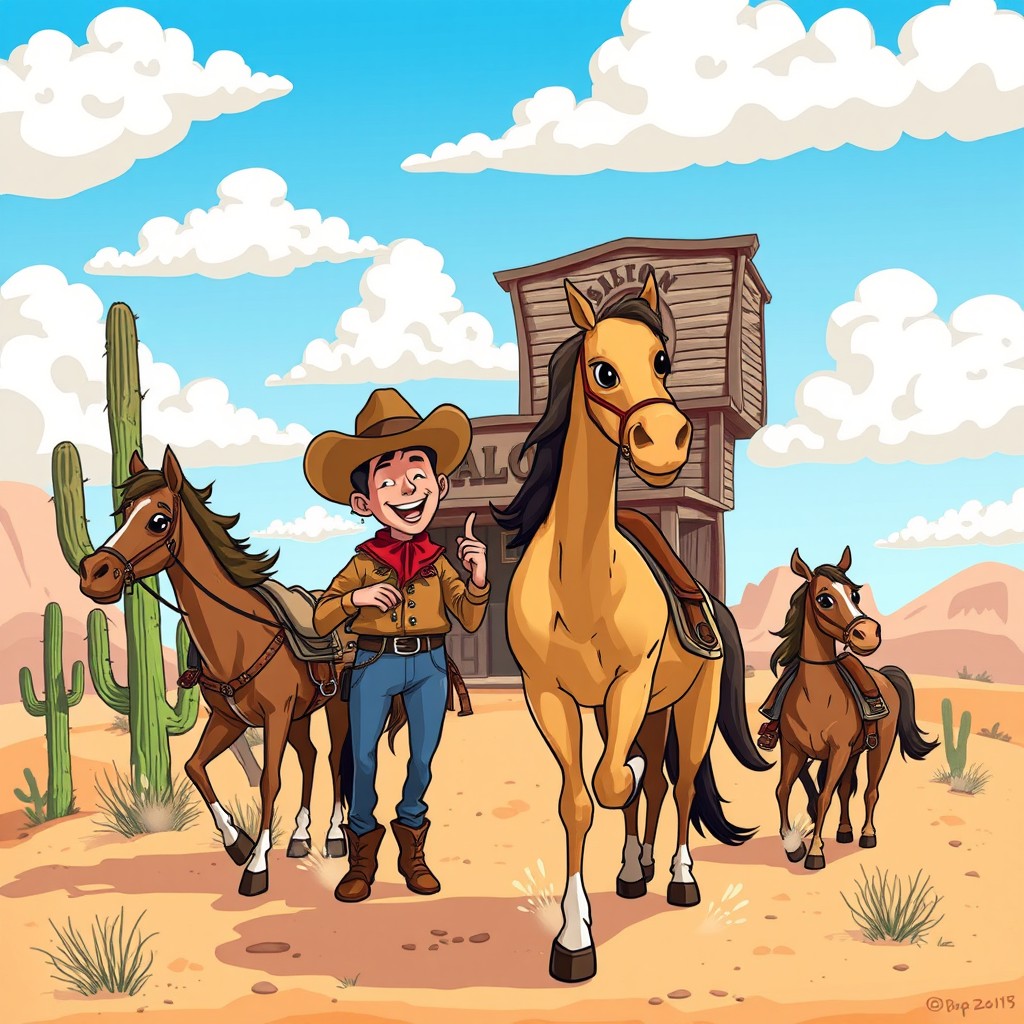 A whimsical cartoon-style depiction of a Wild West scene featuring cowboys, horses, and a dusty landscape