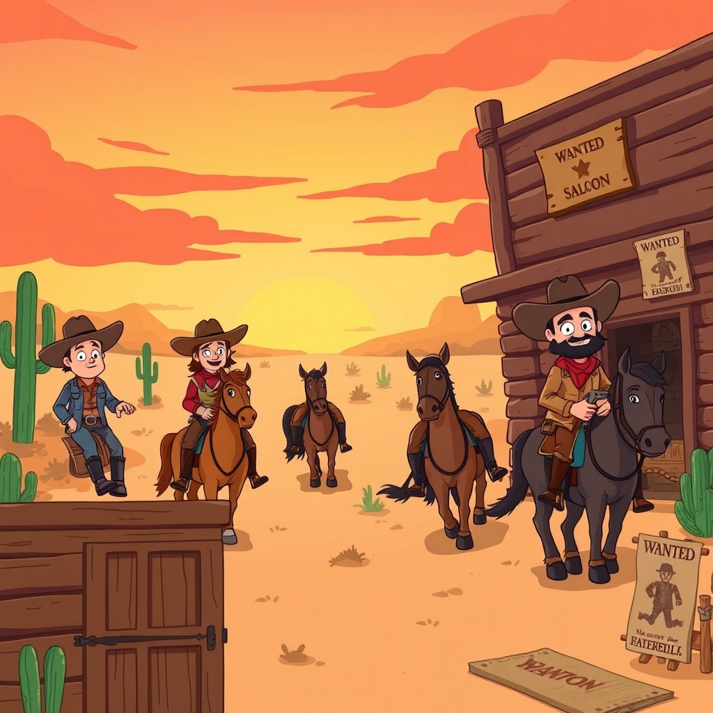 A cartoon-style illustration of a Wild West scene featuring rugged cowboys on horseback, wearing classic Western attire like cowboy hats and boots