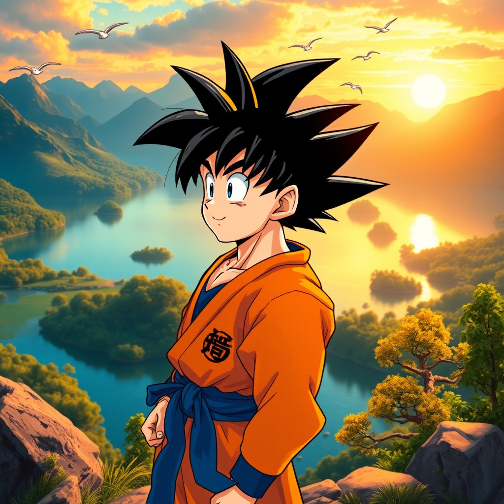 A dynamic scene of Son Goku standing next to a serene lake, surrounded by lush greenery and mountains in the background