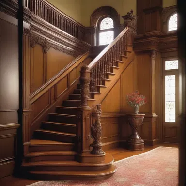 The intricate millwork on the wooden staircase in the movie set added a touch of elegance to the scene.