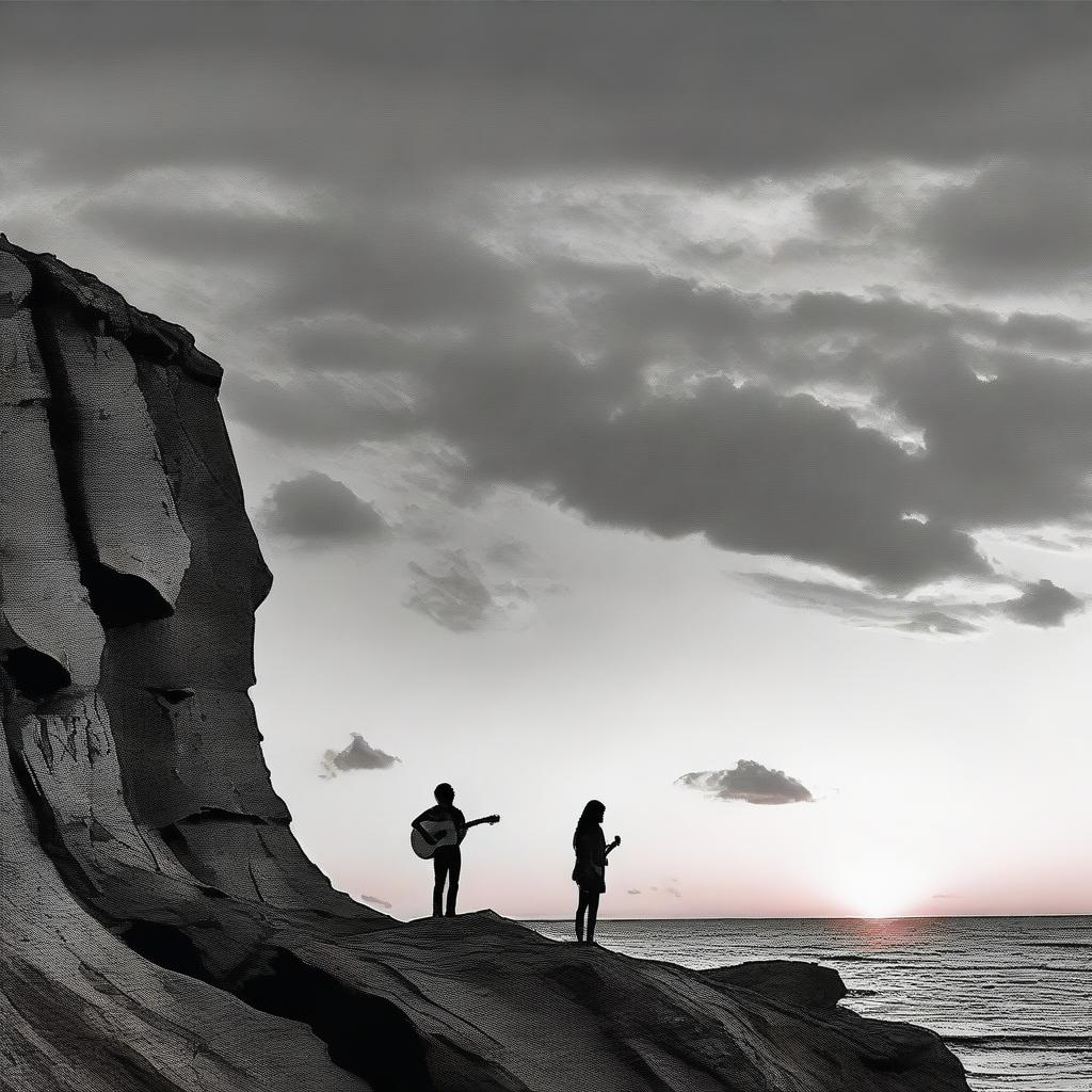 Using grattage technique, portray a standing boy, guitar in hand, gazing at a side-facing girl on a rocky cliff during sunset. The image slowly transitions from color to black and white.