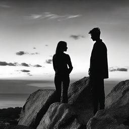 Employing the grattage technique, depict two lovers gazing at each other. The standing boy, and the girl, side-faced on a rocky cliff during sunset. The image transitions from color to black and white.