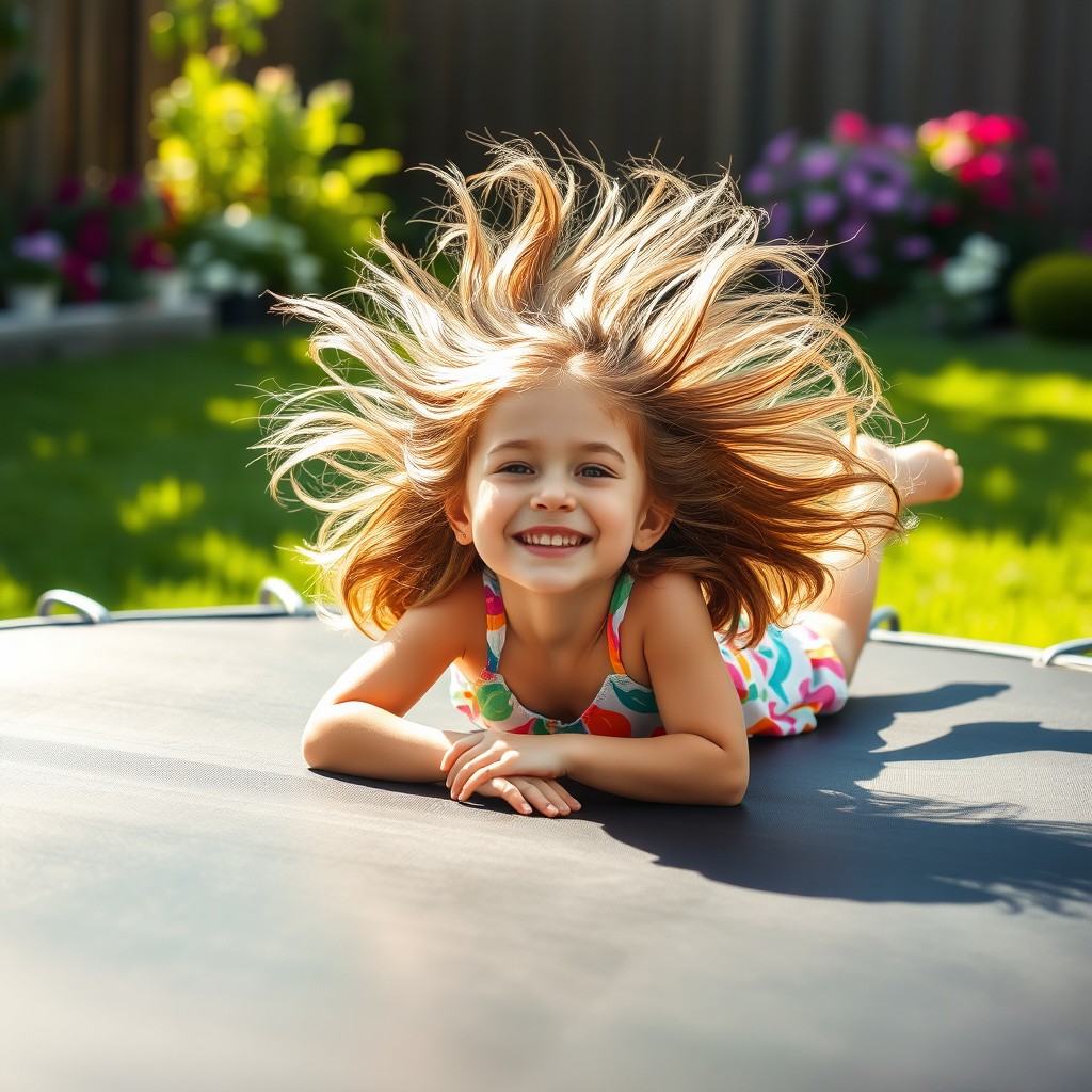 A realistic image of a girl lying on a trampoline, her hair spread out around her head like a halo, with bright sunlight casting playful shadows