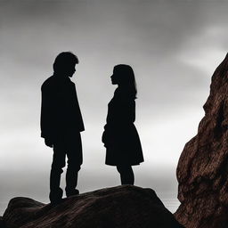 Employing the grattage technique, depict two lovers gazing at each other. The standing boy, and the girl, side-faced on a rocky cliff during sunset. The image transitions from color to black and white.