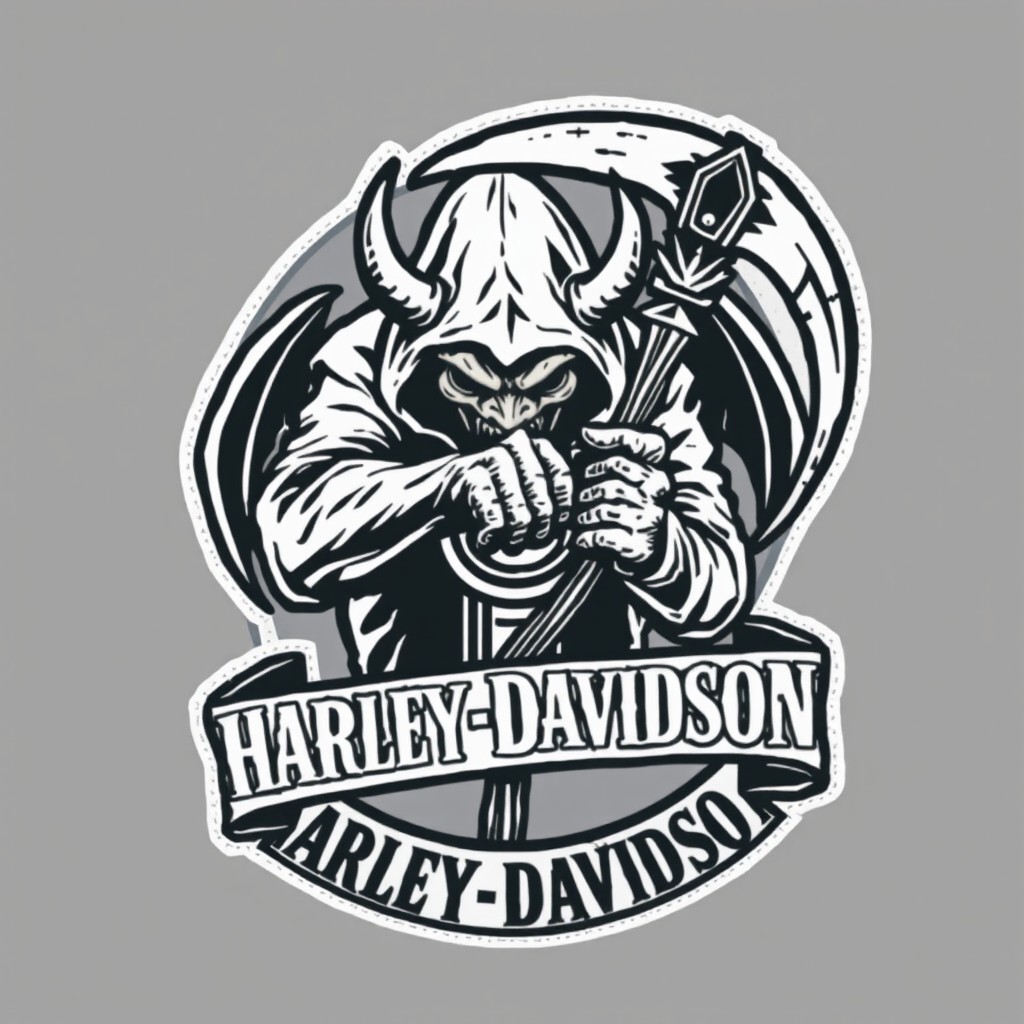 A motorcycle patch logo design featuring a sinister demon partially hidden in the shadows of its hood, gripping a fearsome reaper's scythe