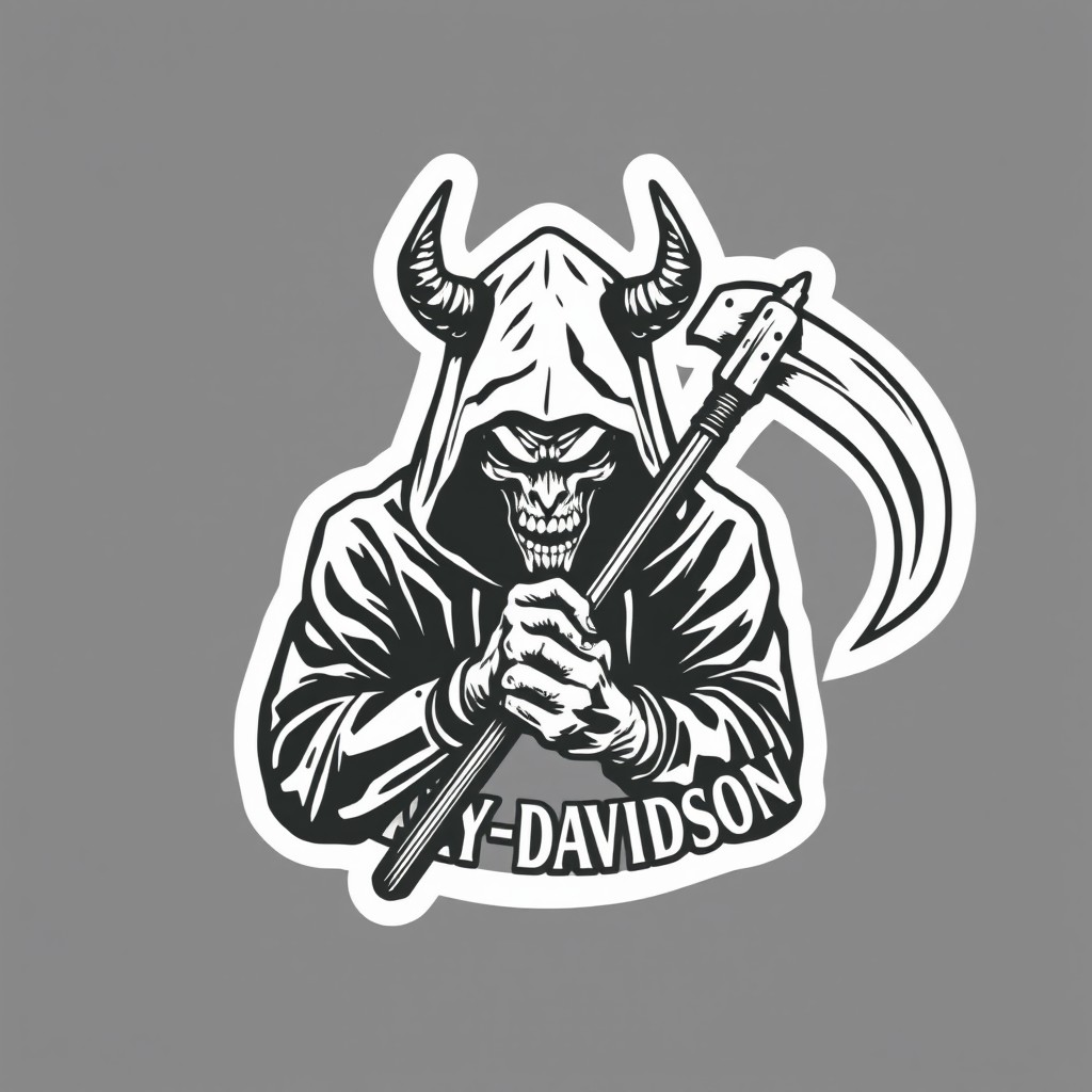 A motorcycle patch logo featuring a demon hiding its face in a dark hood, gripping a reaper's scythe