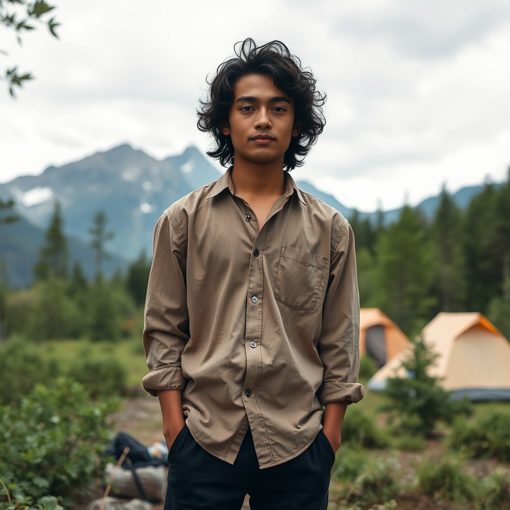 A young Asian man with curly black hair, wearing a light brown linen shirt and black pants, standing calmly in a serene forest