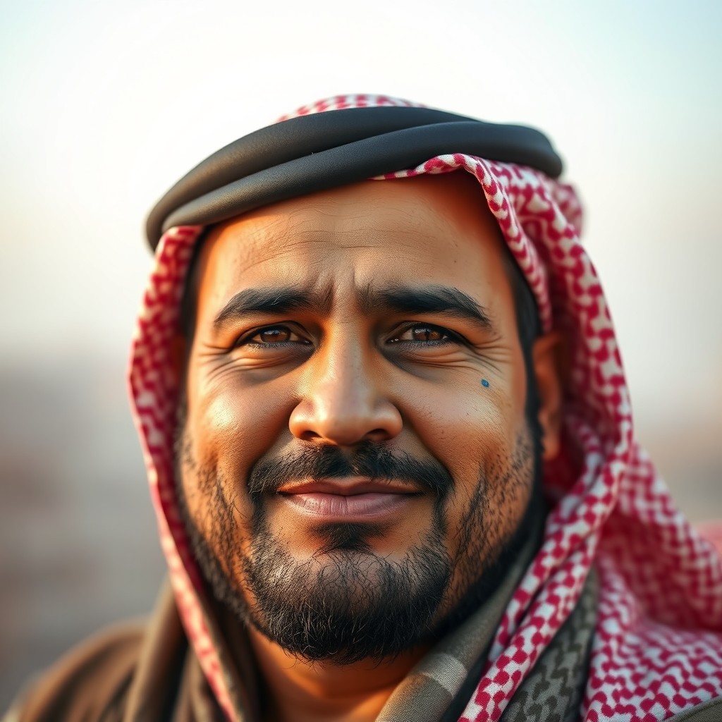 Mahdi Mo'oud, a strong and robust Arab man with a round face
