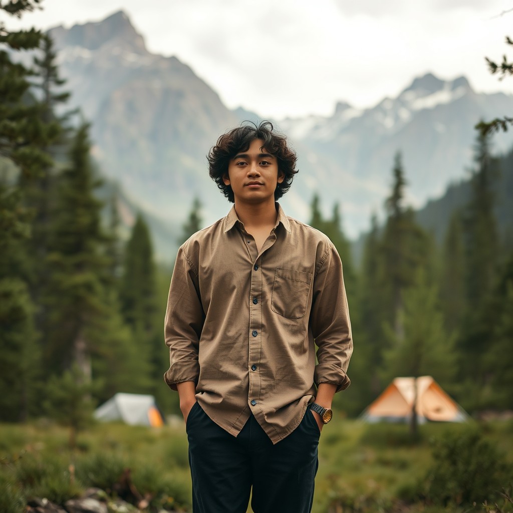 A young Asian man with curly black hair, wearing a light brown linen shirt and black pants, standing calmly in a beautiful forest