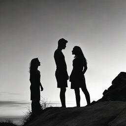 Employing the grattage technique, depict two lovers gazing at each other. The standing boy, and the girl, side-faced on a rocky cliff during sunset. The image transitions from color to black and white.