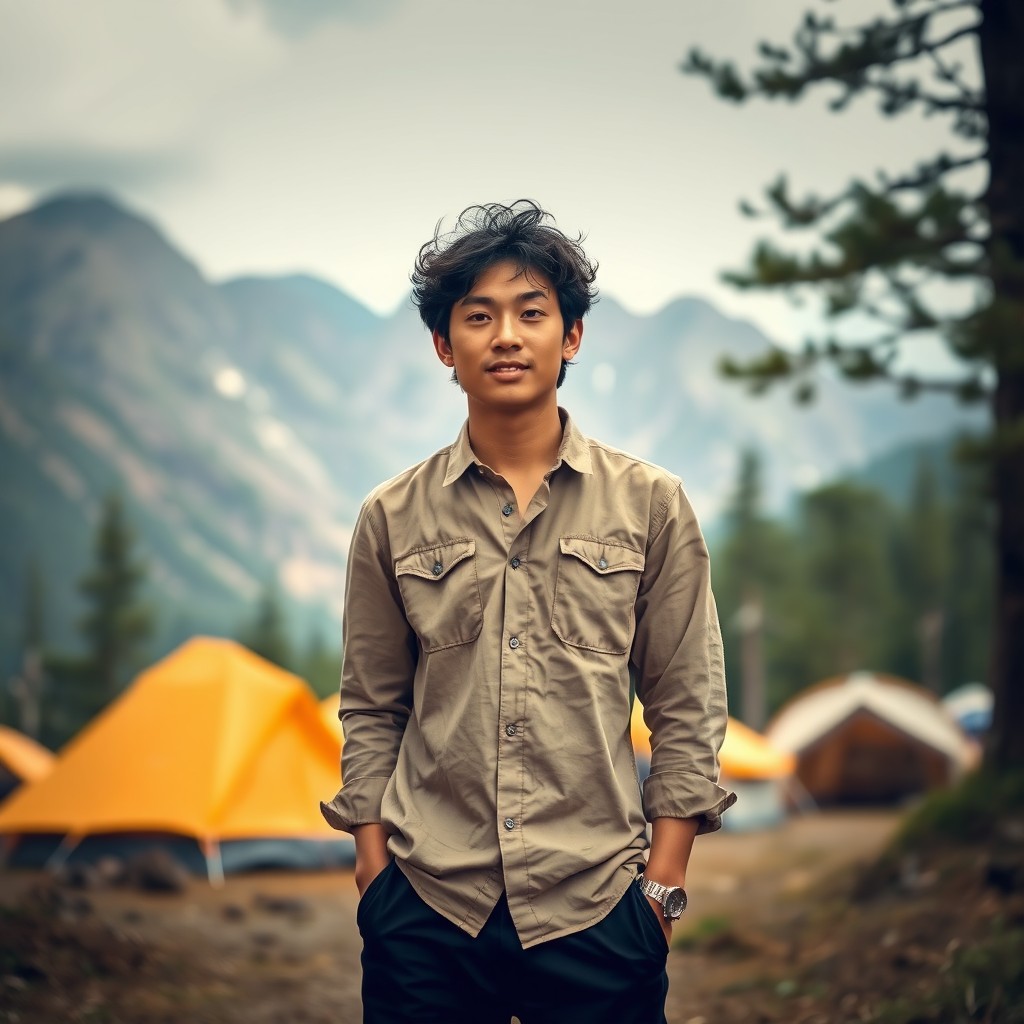 A young Asian man with curly black hair, wearing a light brown linen shirt and black pants, standing calmly in a tranquil forest