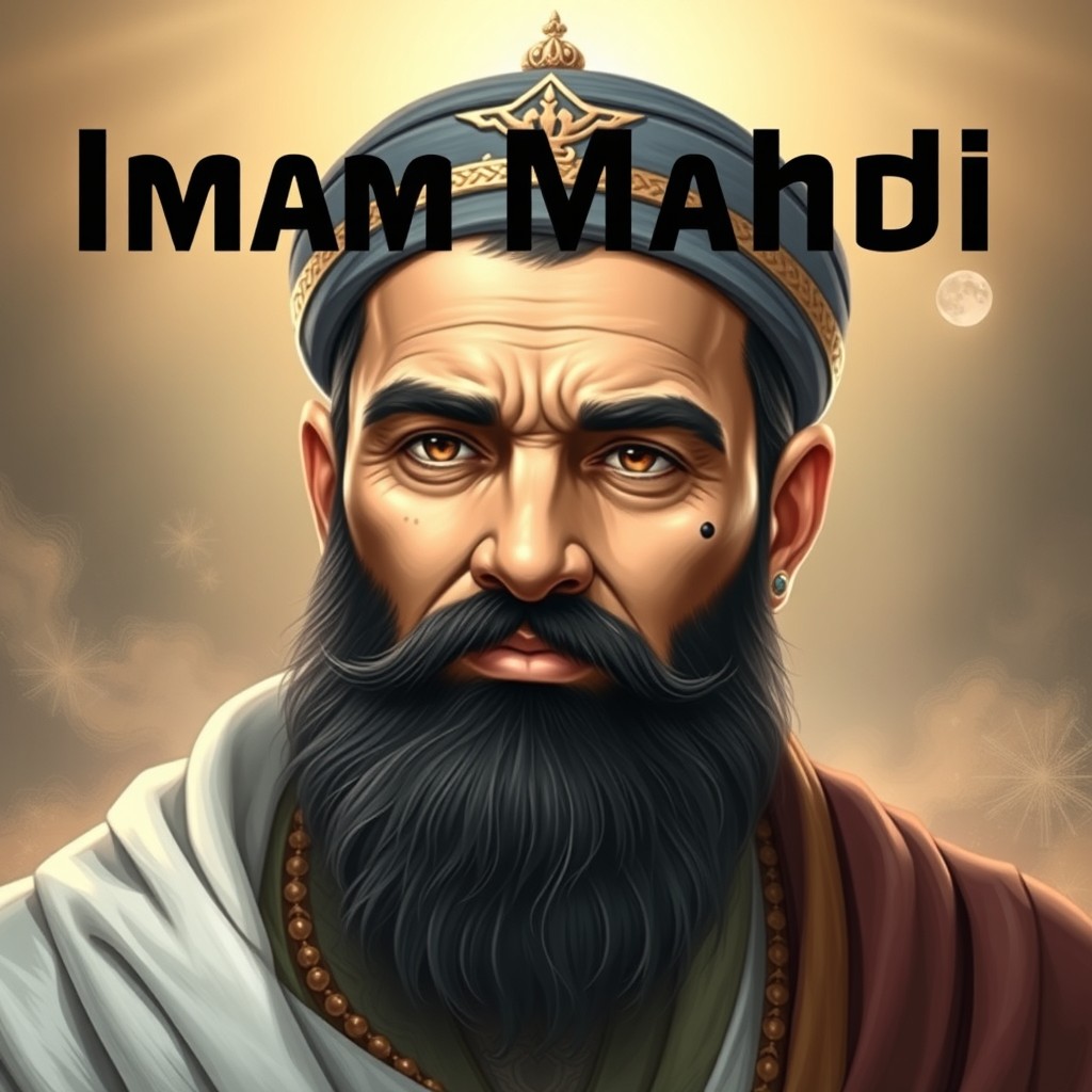 Imam Mahdi, depicted as a strong and robust figure with a kind yet serious expression, featuring a prominent mole on his right cheek