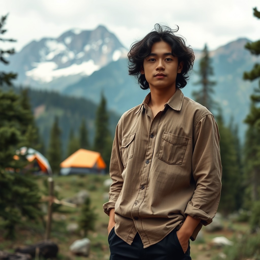 A young Asian man with curly black hair stands calmly in a lush forest, wearing a light brown linen shirt and black pants