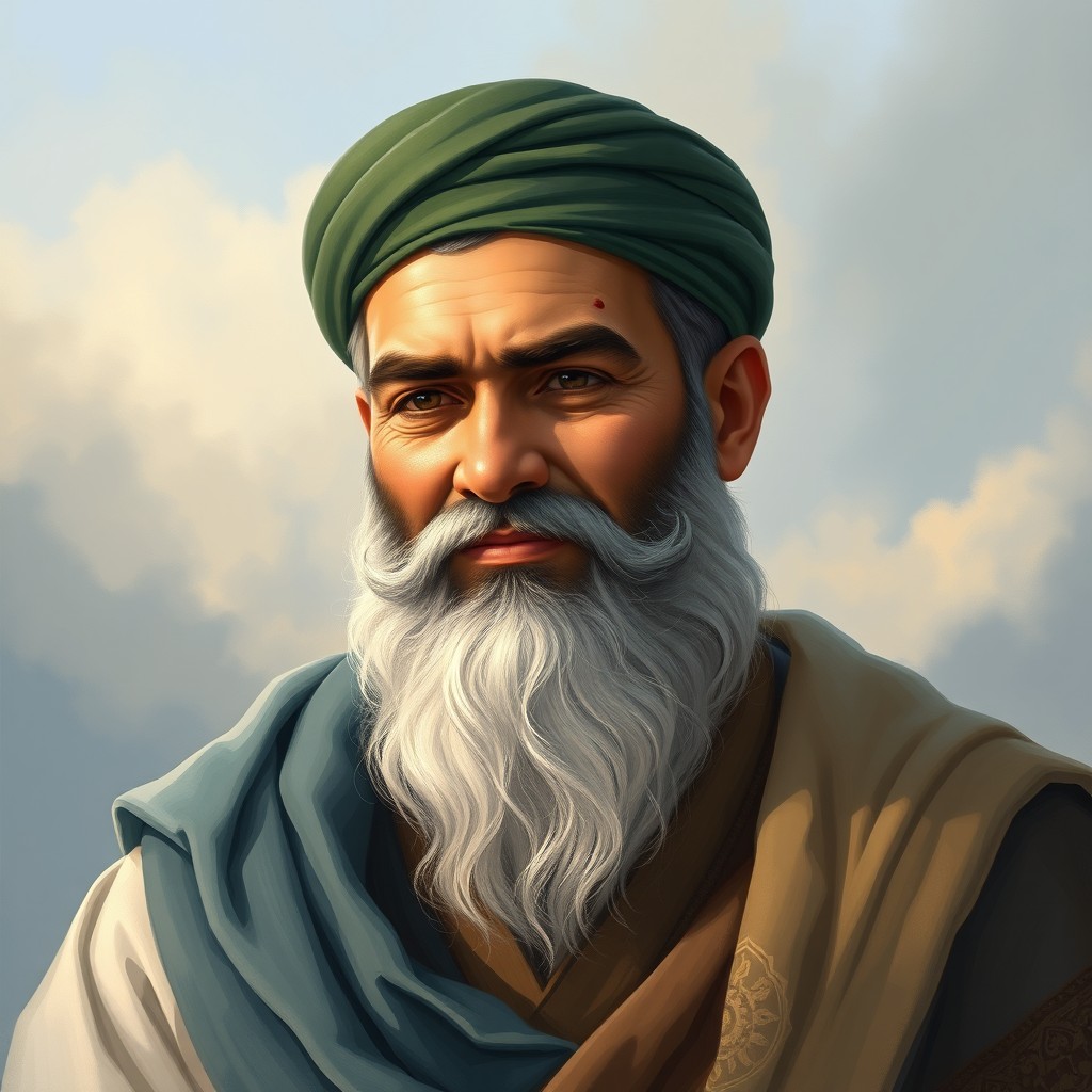 Imam Mahdi, depicted as a strong and robust figure with a kind yet serious expression, featuring a prominent mole on his right cheek