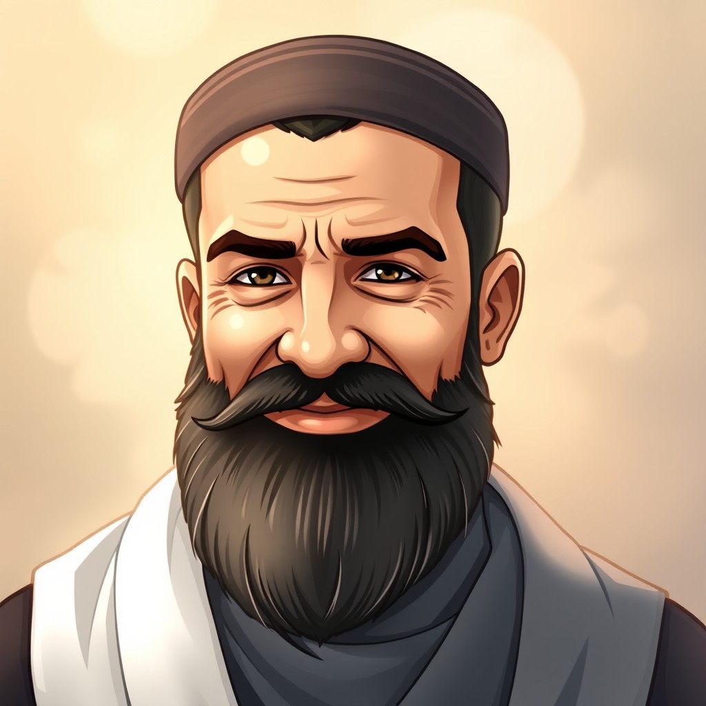 Imam Mahdi, illustrated as a strong and robust figure with a kind yet serious expression, featuring a prominent mole on his right cheek and a short mustache