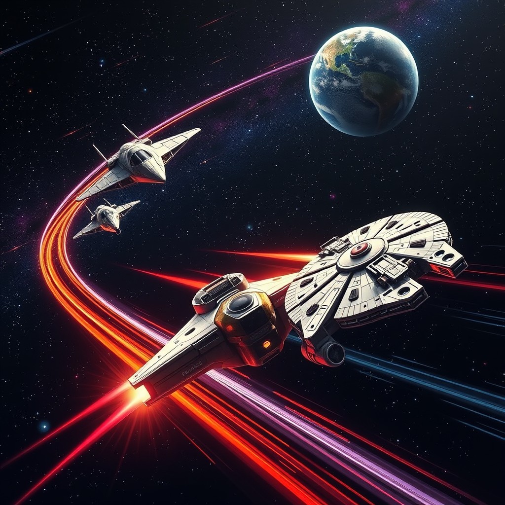 A thrilling space race featuring the spacecraft 'Arcadia', Goldorak, and the Millennium Falcon, with Earth visible in the distance