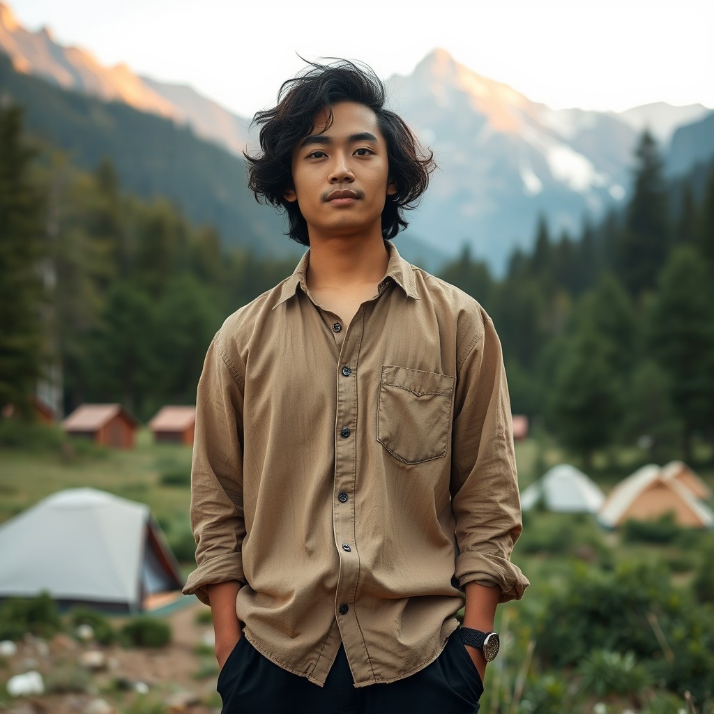 A young Asian man with curly black hair stands calmly in a serene forest, dressed in a light brown linen shirt and black pants