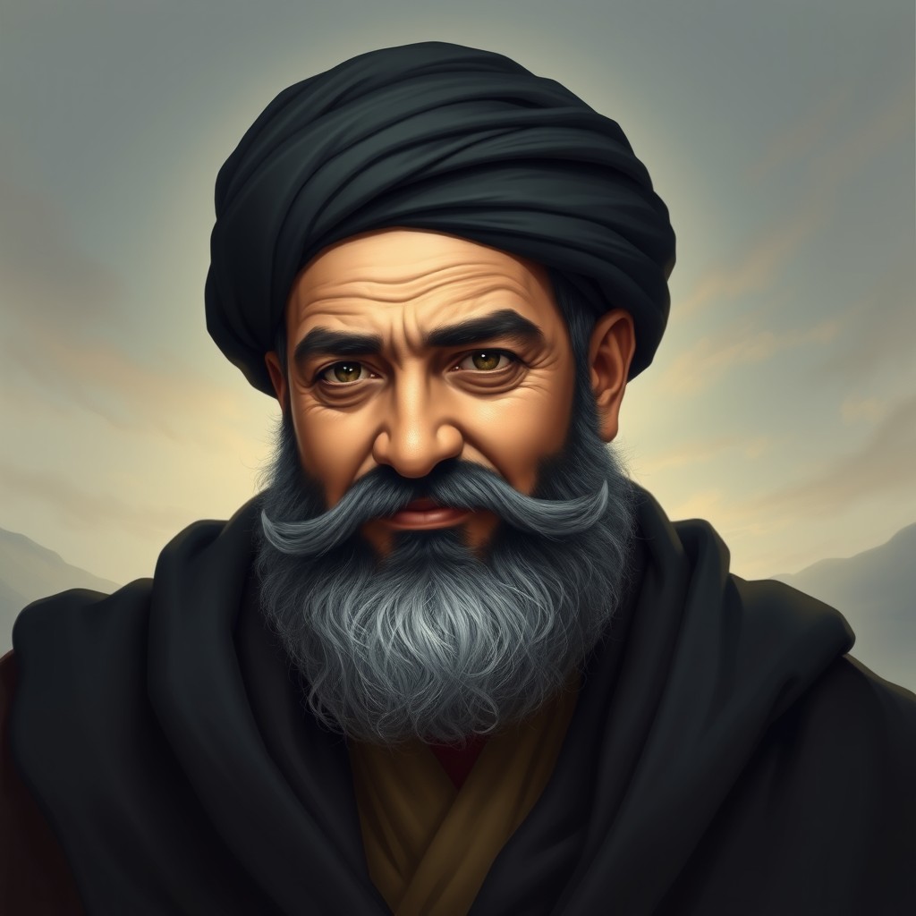 Imam Mahdi, portrayed as a strong and robust figure with a kind yet serious expression, featuring a prominent mole on his right cheek and a very short mustache