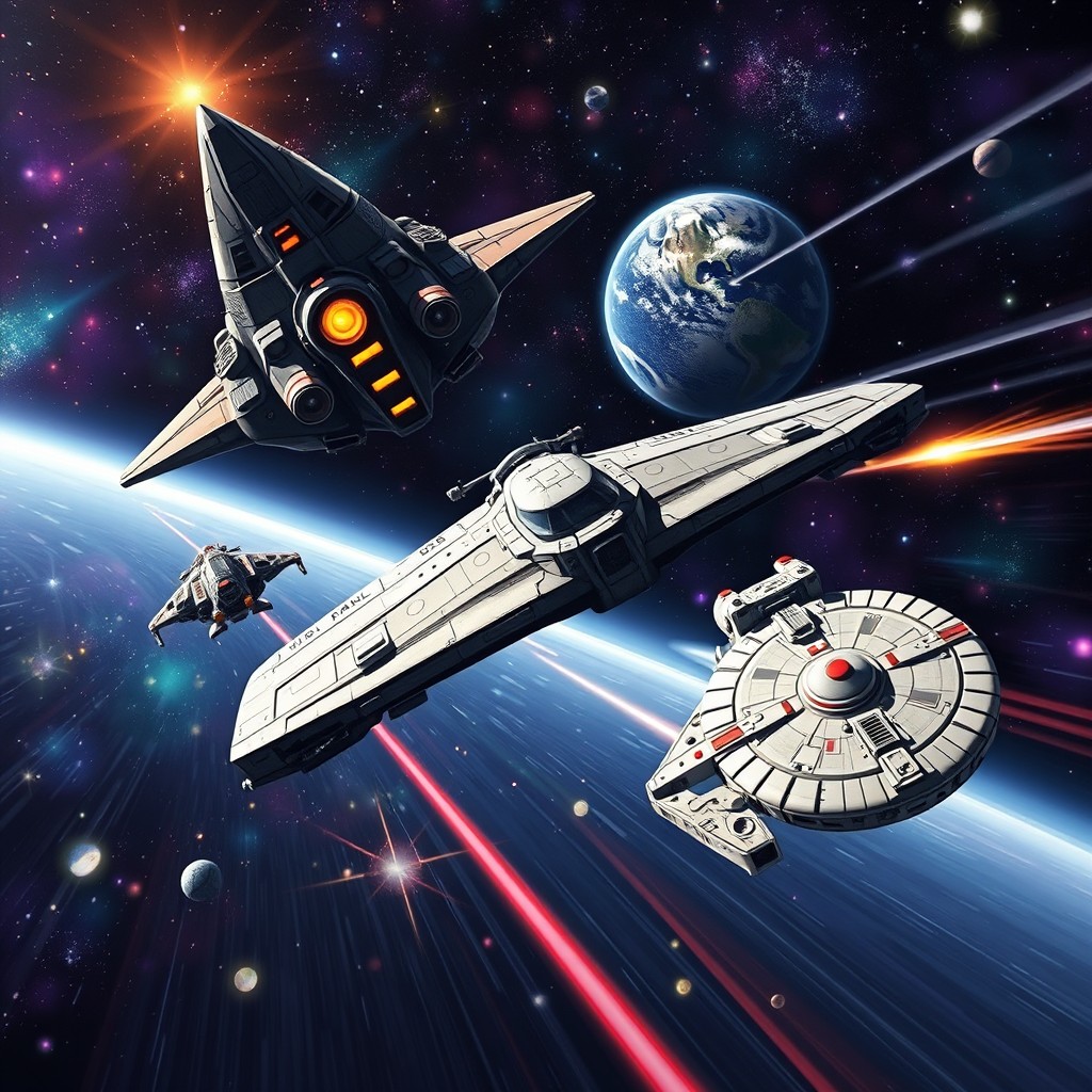 An exciting space race featuring Captain Harlock's spaceship, Goldorak, and the Millennium Falcon, with Earth visible in the distance