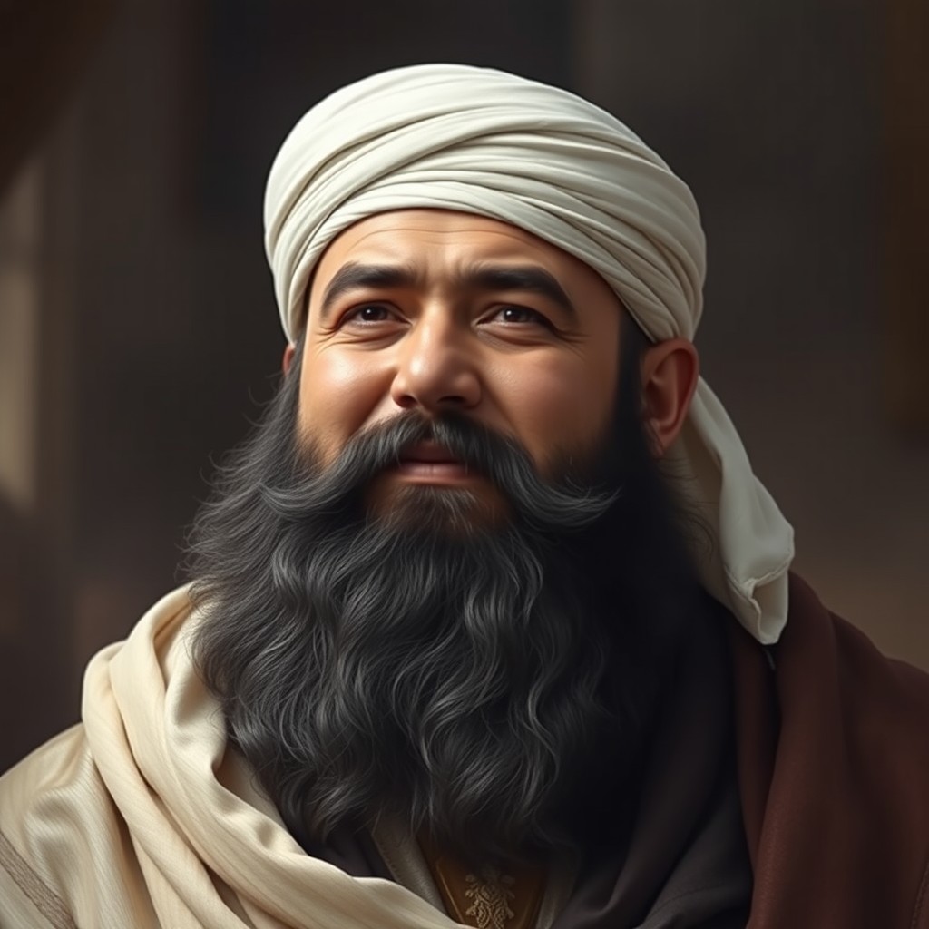 Imam Mahdi, portrayed as a robust and strong figure, with a kind yet serious expression