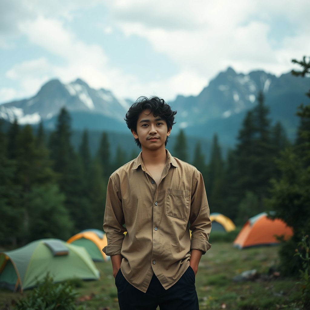 A young Asian man with curly black hair, dressed in a light brown linen shirt and black pants, stands calmly in a serene forest