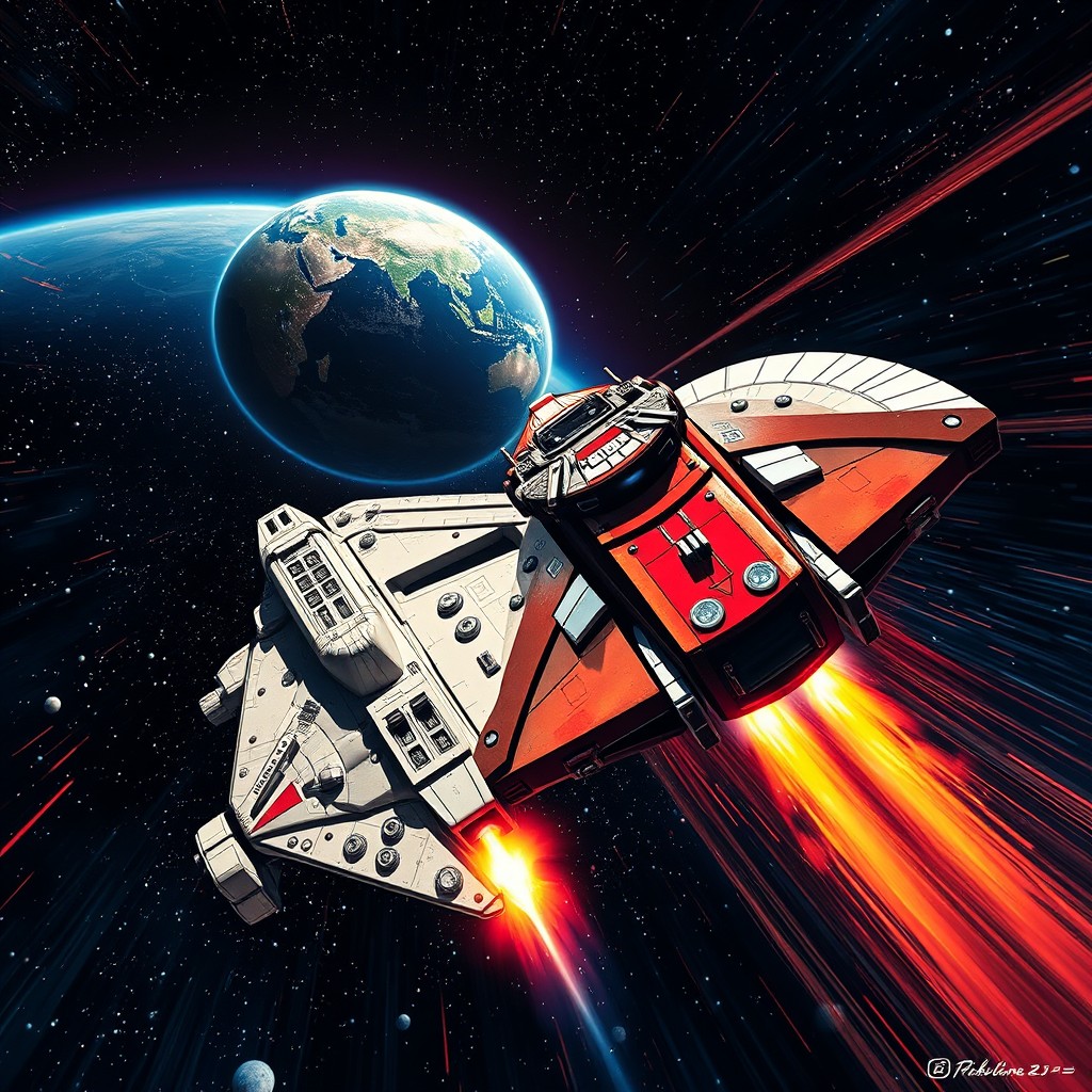 An exhilarating space race between Captain Harlock's ship, the Arcadia, and the Millennium Falcon, with Earth visible in the far distance