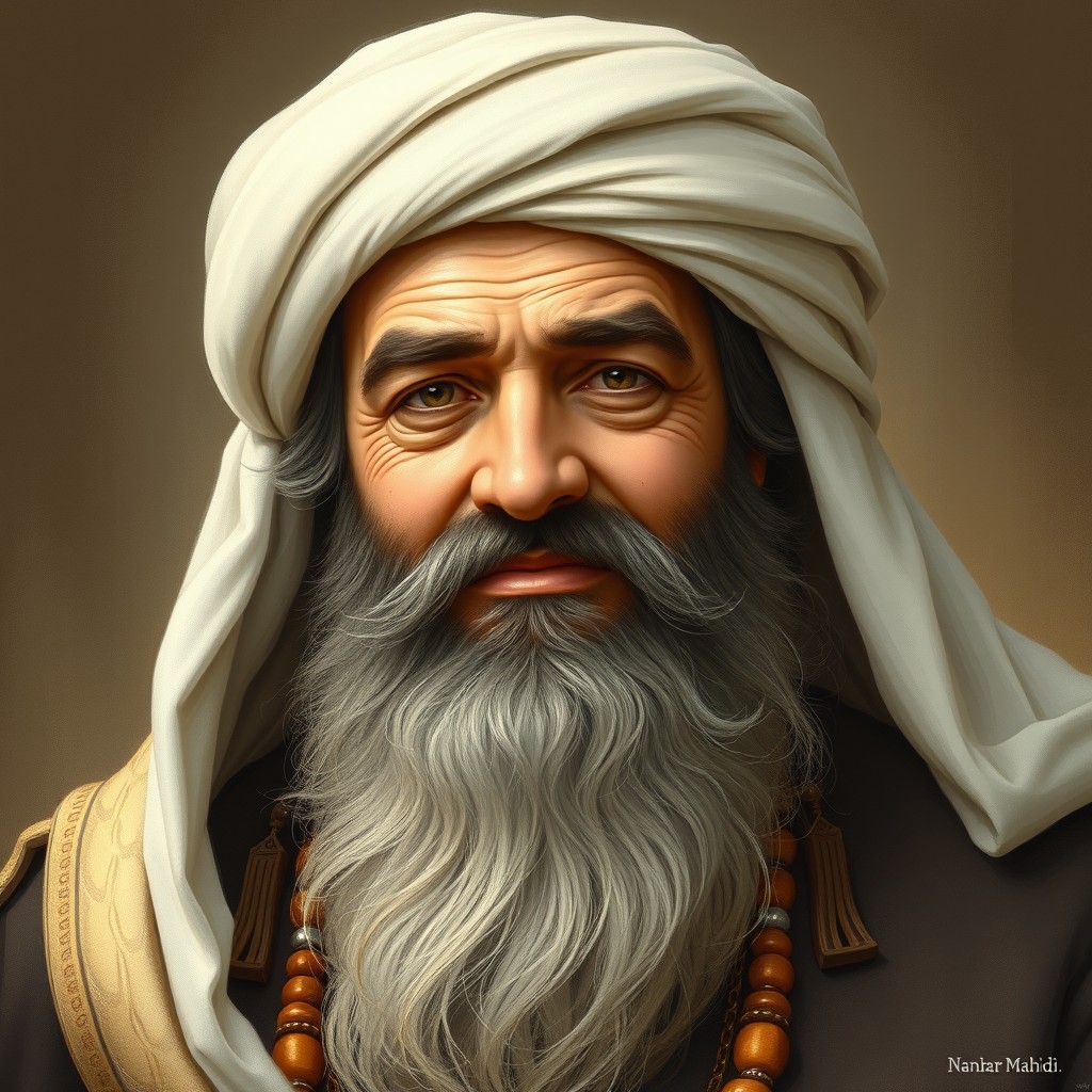 Imam Mahdi, the heir to all prophets, depicted as a strong and robust figure with a kind yet serious expression