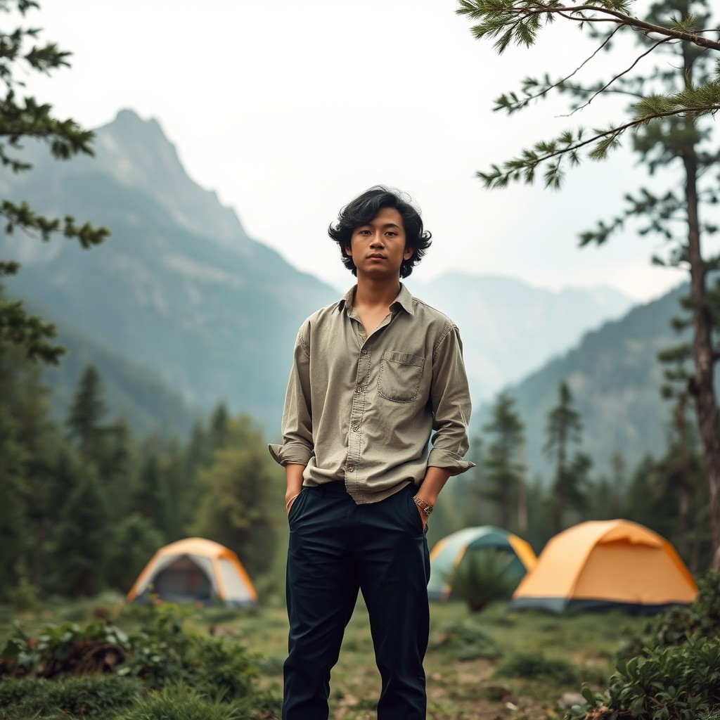 A young Asian man with curly black hair stands calmly in a verdant forest, dressed in a light brown linen shirt and black pants