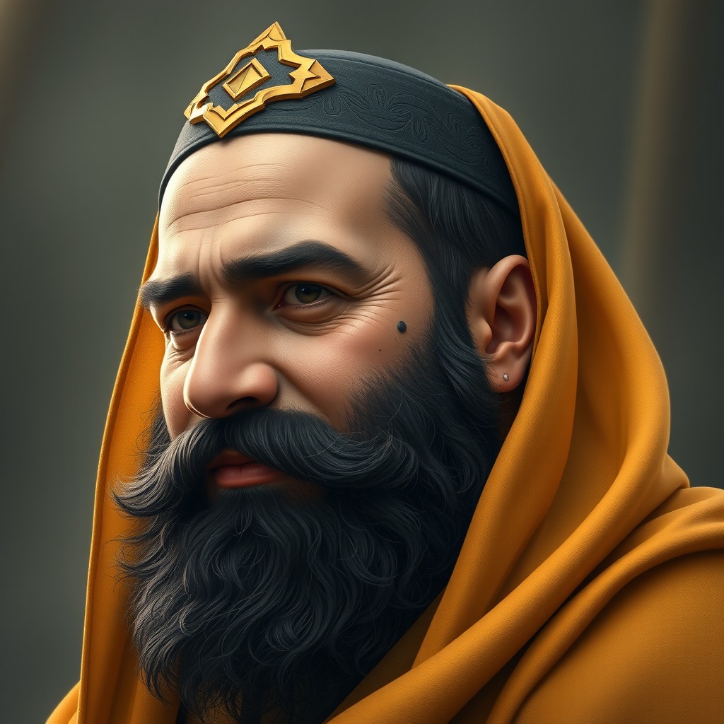 Imam Mahdi, the heir to all prophets, depicted as a strong and robust figure with a kind yet serious expression
