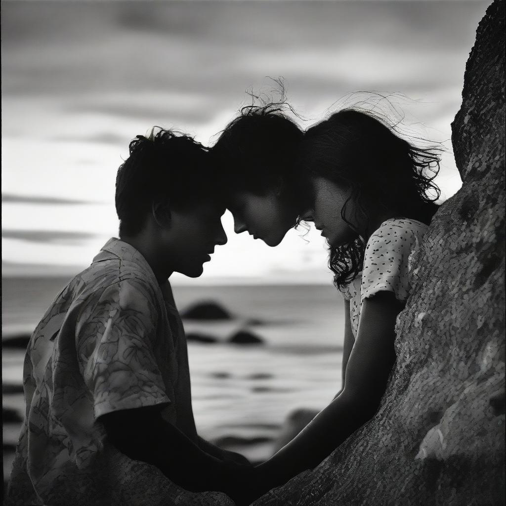 Employing the grattage technique, depict two lovers gazing at each other. The standing boy, and the girl, side-faced on a rocky cliff during sunset. The image transitions from color to black and white.