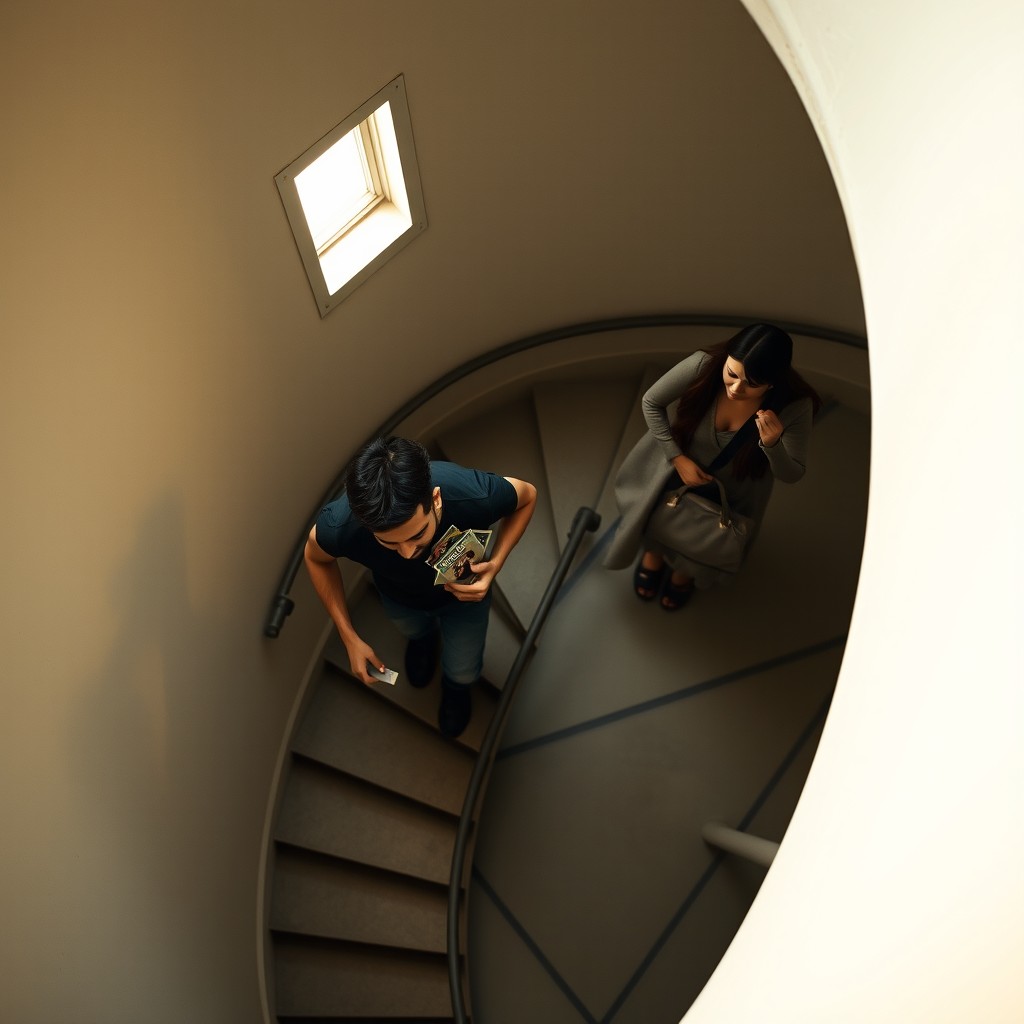 A stunning view from above of a spiral staircase in a building in Tehran