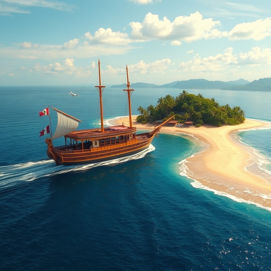 The Solaris ship from 'The Mysterious Cities of Gold' gracefully navigates near a picturesque island