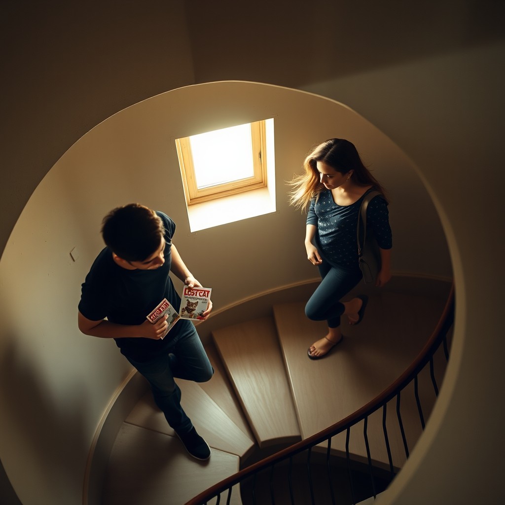 Aerial view of a spiral staircase in a building in Tehran with a very small window on the wall