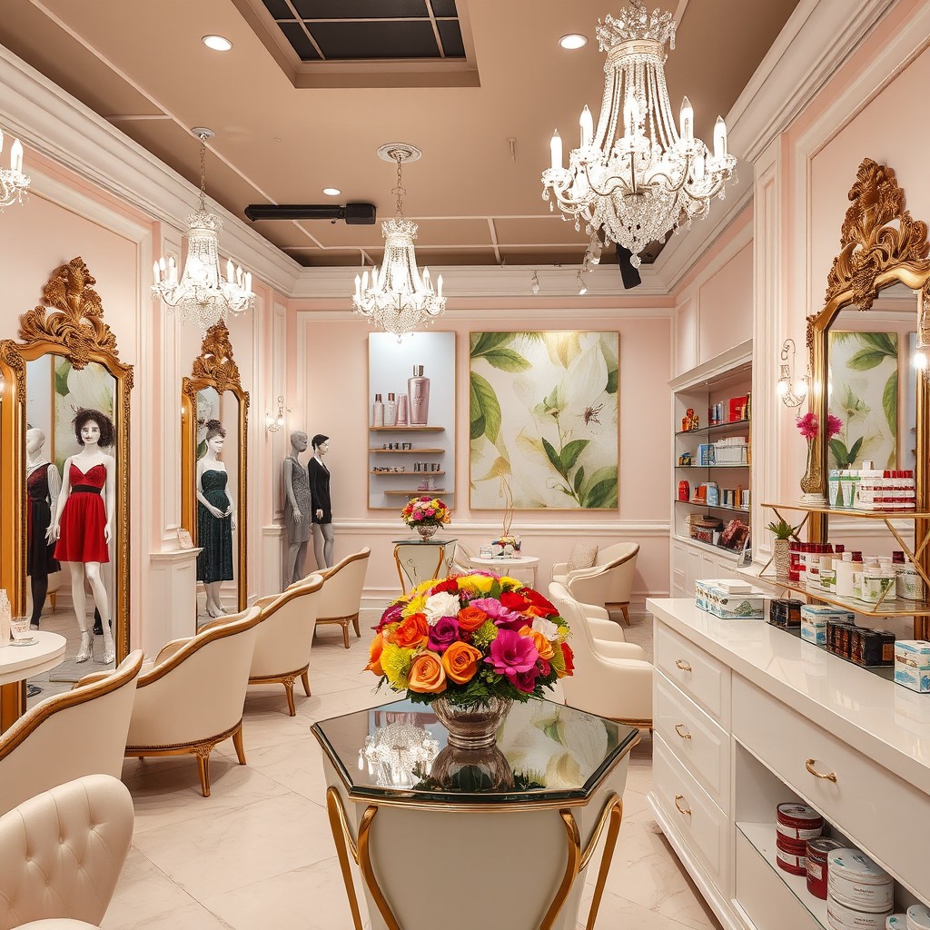 A beautifully decorated beauty salon interior, featuring elegant furniture and decor