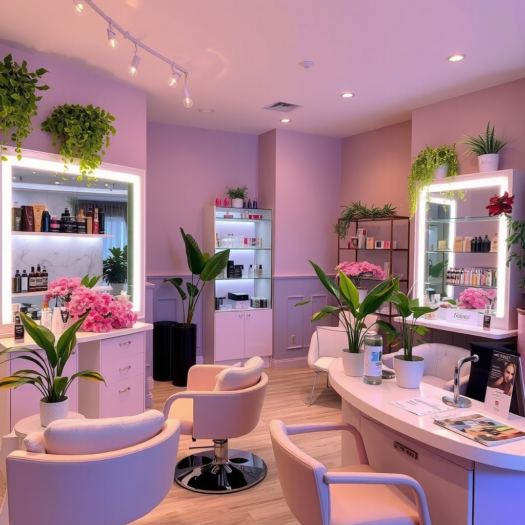 A beautifully decorated beauty salon featuring elegant and chic interiors