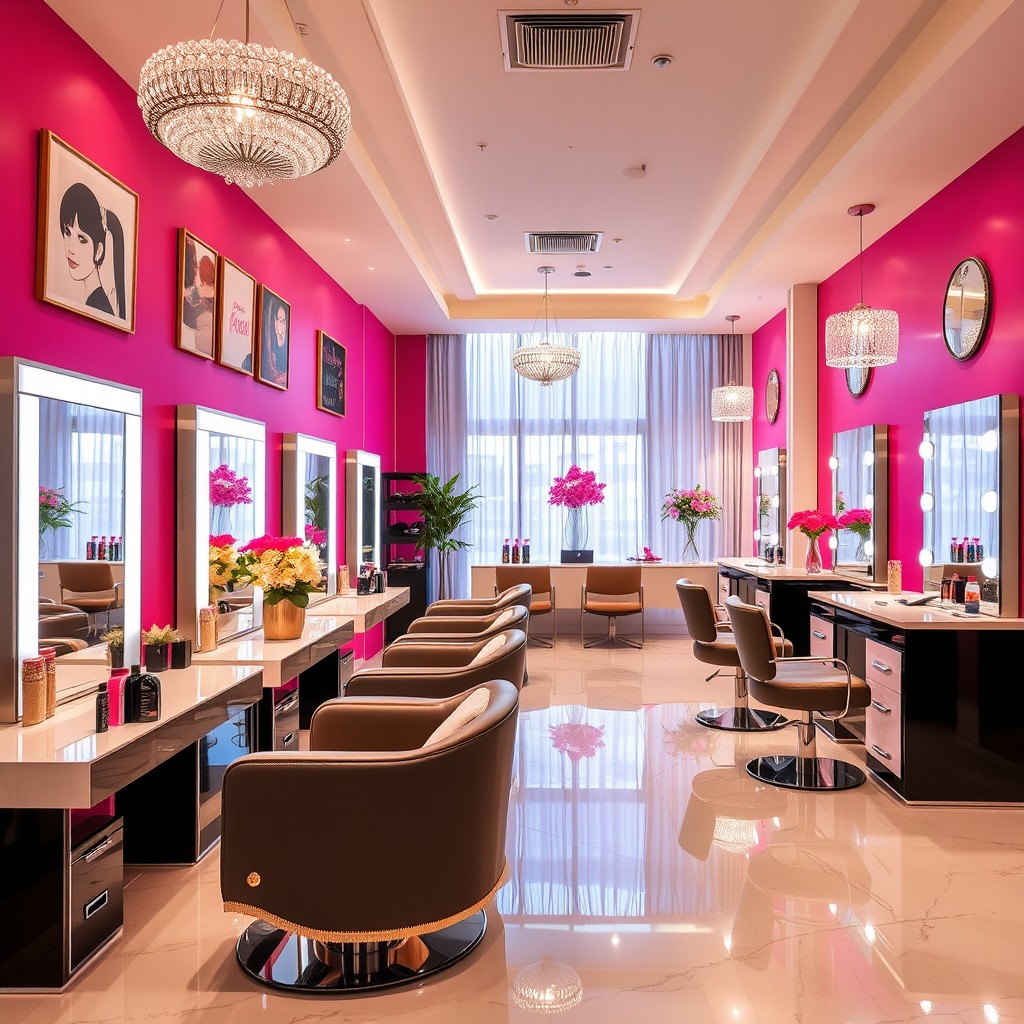 A beautifully decorated beauty salon, featuring elegant interior design with chic furniture, soft lighting, and vibrant colors