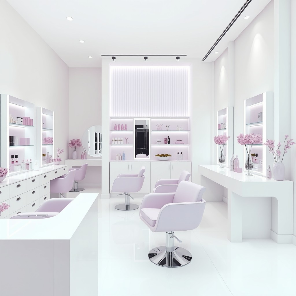 A beautifully designed beauty salon decorated in a sophisticated color palette of white and lilac