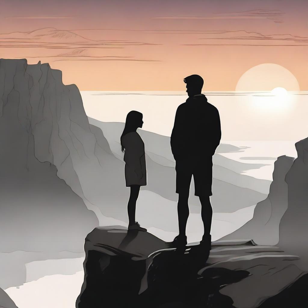 Illustrate two lovers sharing a gaze. The boy stands while the girl, side-faced, perches on a rocky cliff during sunset. The image transitions from vivid colors to monochrome black and white.