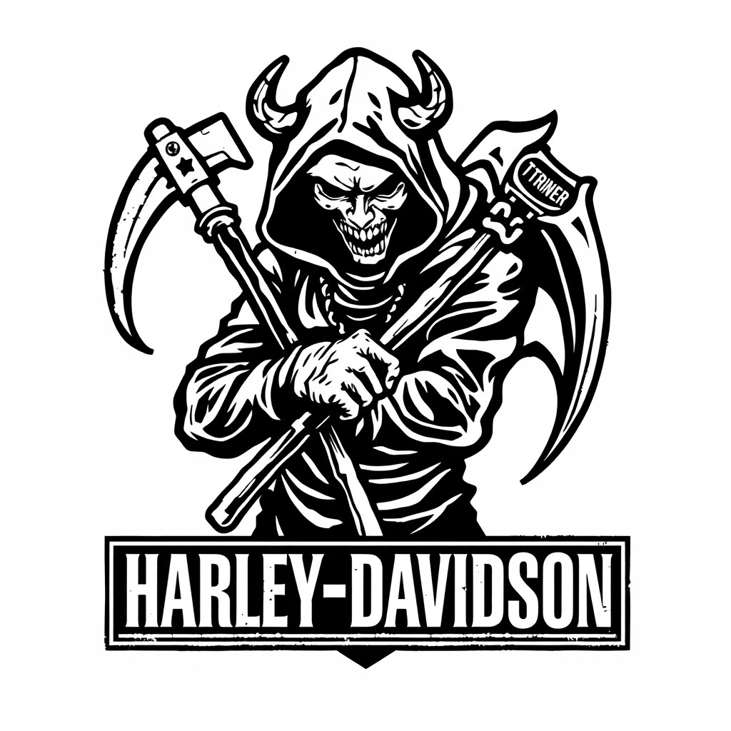 A motorcycle patch logo featuring a demon with a concealed face inside a dark hood, gripping a reaper's scythe, embodying an eerie yet powerful aura